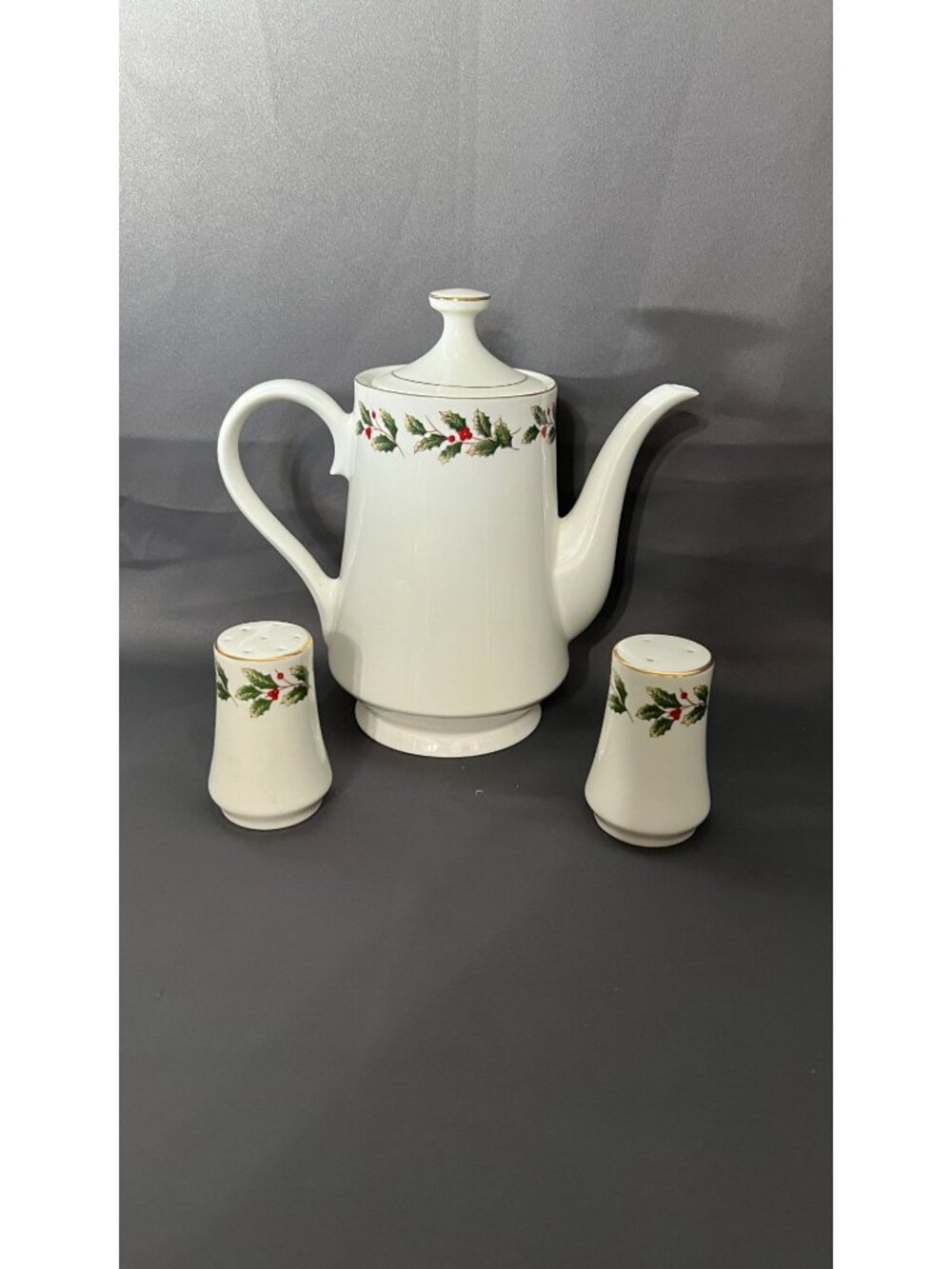 Holiday-Themed Porcelain Coffee Pot & Salt & Pepper Shakers Set With Holly Desig - Picture 2 of 10